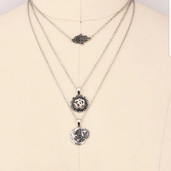 Silver Hamsa Om Moon Sun Charm Necklace - Picture 2 of 5